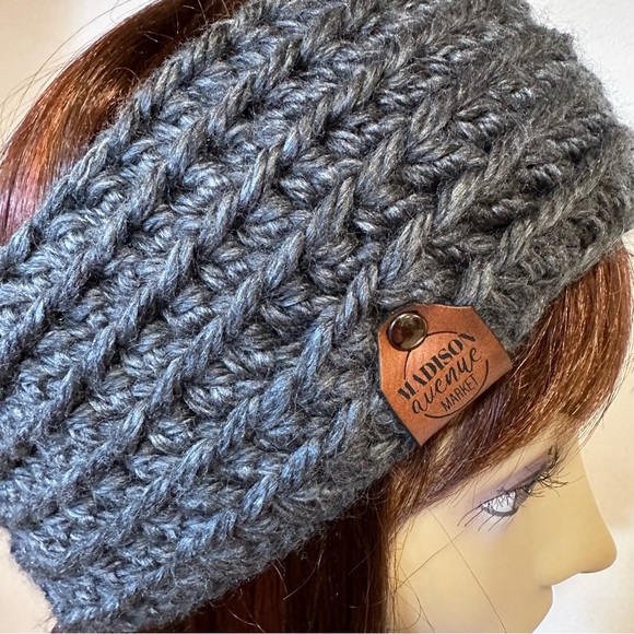 Unisex, chunky charcoal, hand knit, headband/ear warmer band. 4” x 22”. - Picture 8 of 10